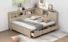 Full Size Wood Daybed with Storage Shelves and 3 Drawers, Antique White Milk