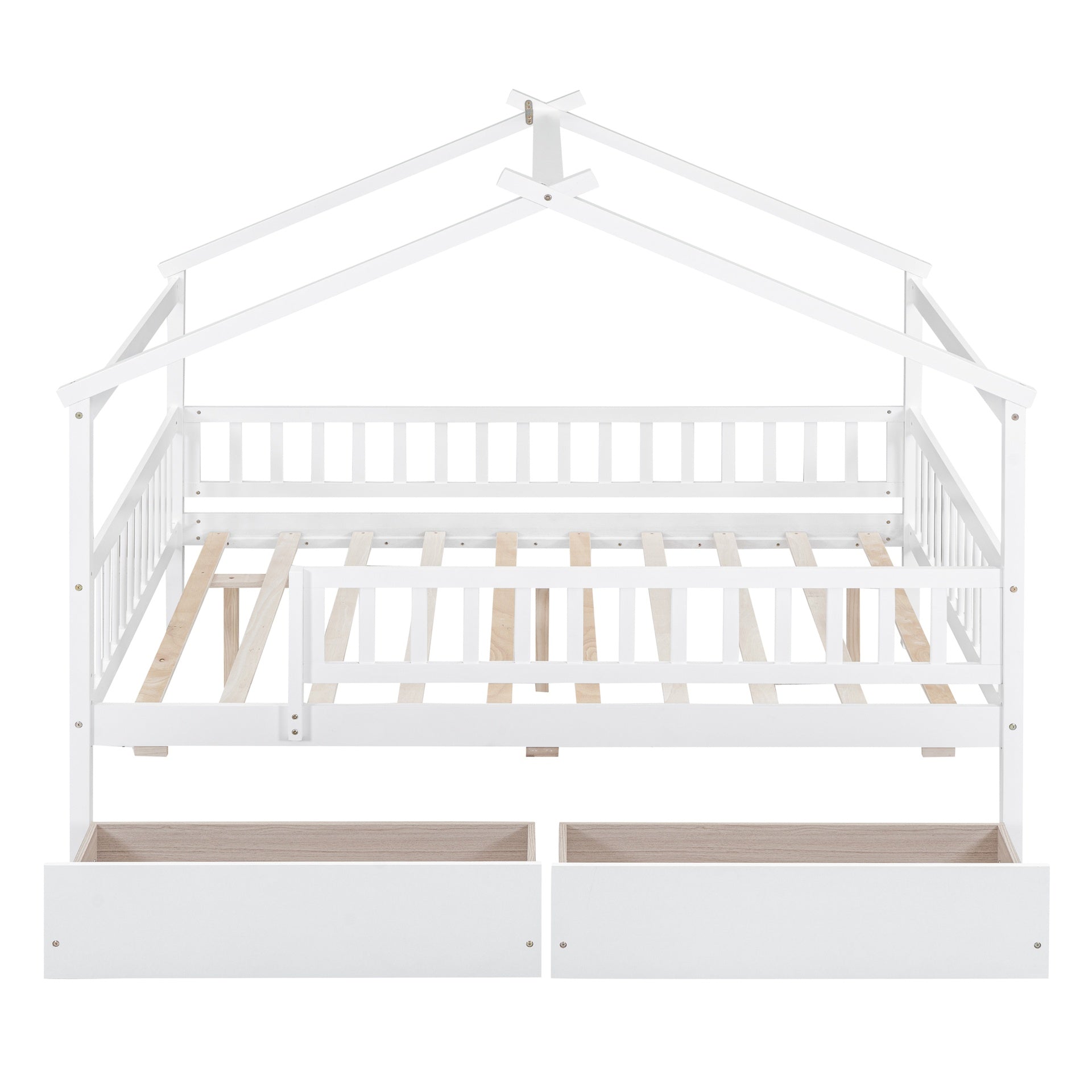 Full Size Wooden House Bed with Two Drawers, White