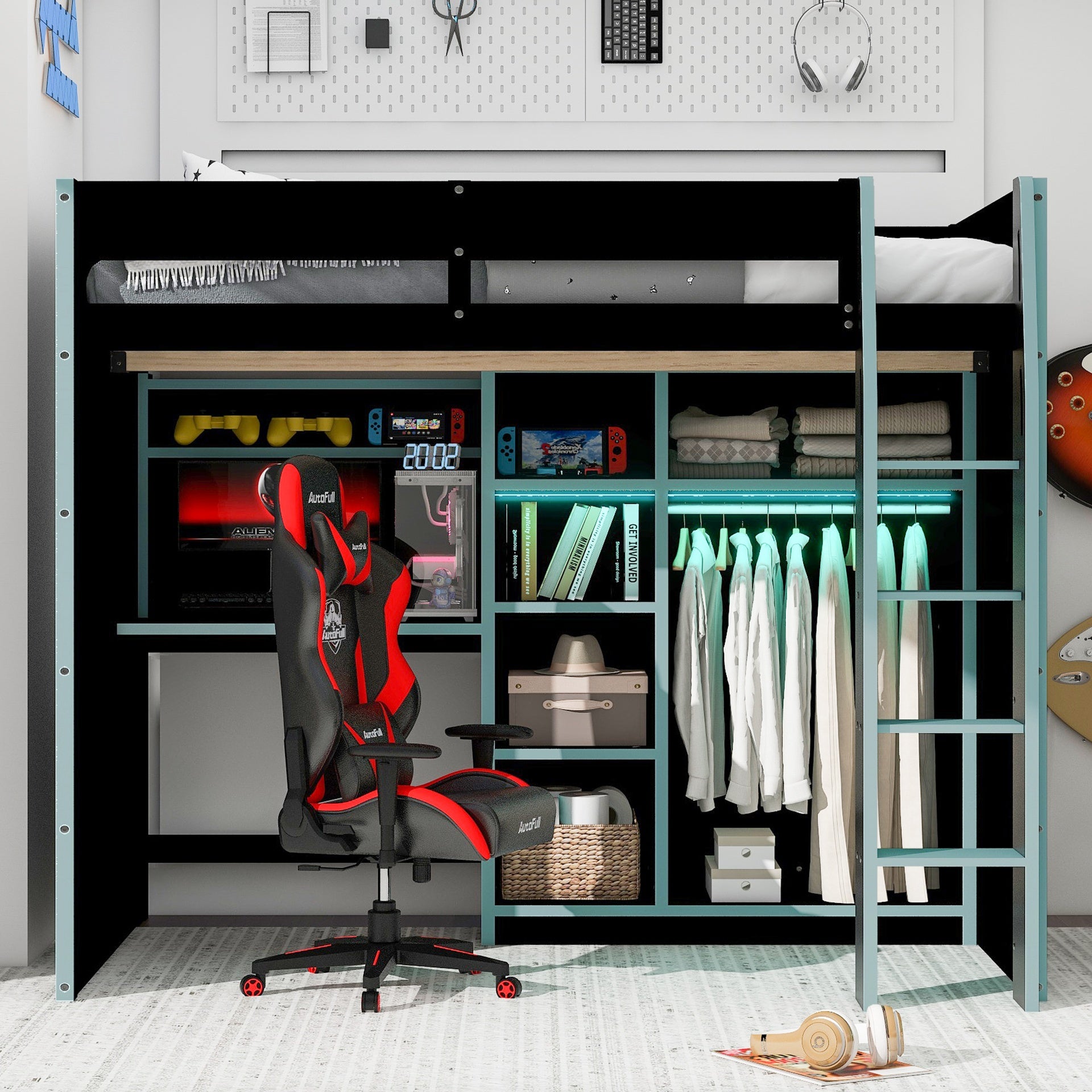Full Size Wood Loft Bed with Desk,Open Wardrobe,Storage Compartments and RGB Lights,Cloud Blue