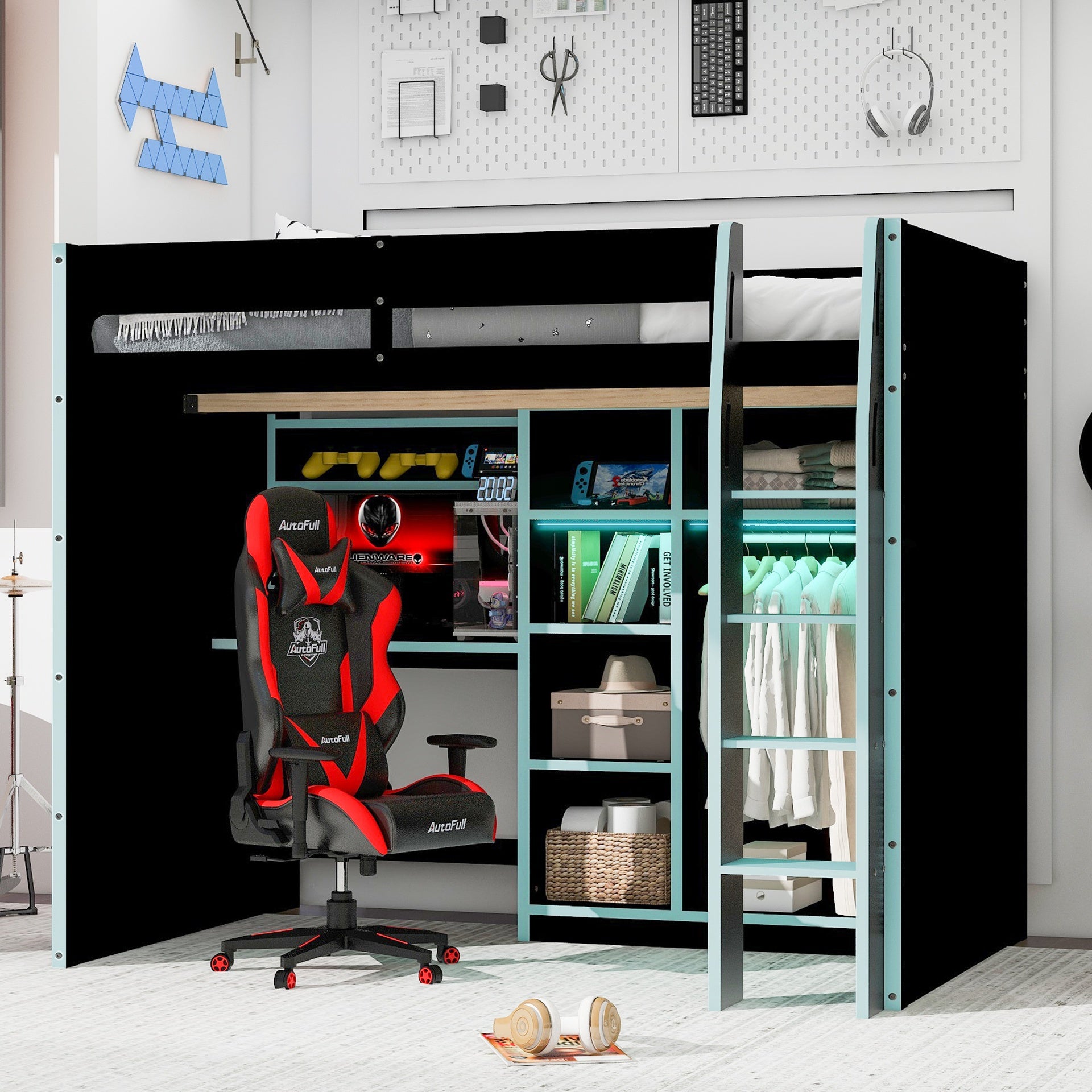 Full Size Wood Loft Bed with Desk,Open Wardrobe,Storage Compartments and RGB Lights,Cloud Blue