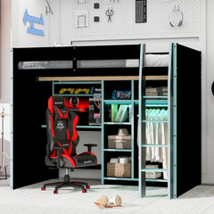 Full Size Wood Loft Bed with Desk,Open Wardrobe,Storage Compartments and RGB Lights,Cloud Blue