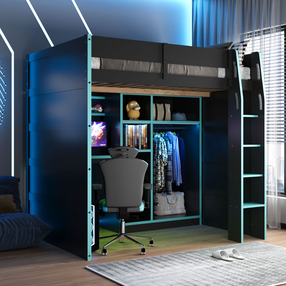 Full Size Wood Loft Bed with Desk,Open Wardrobe,Storage Compartments and RGB Lights,Cloud Blue