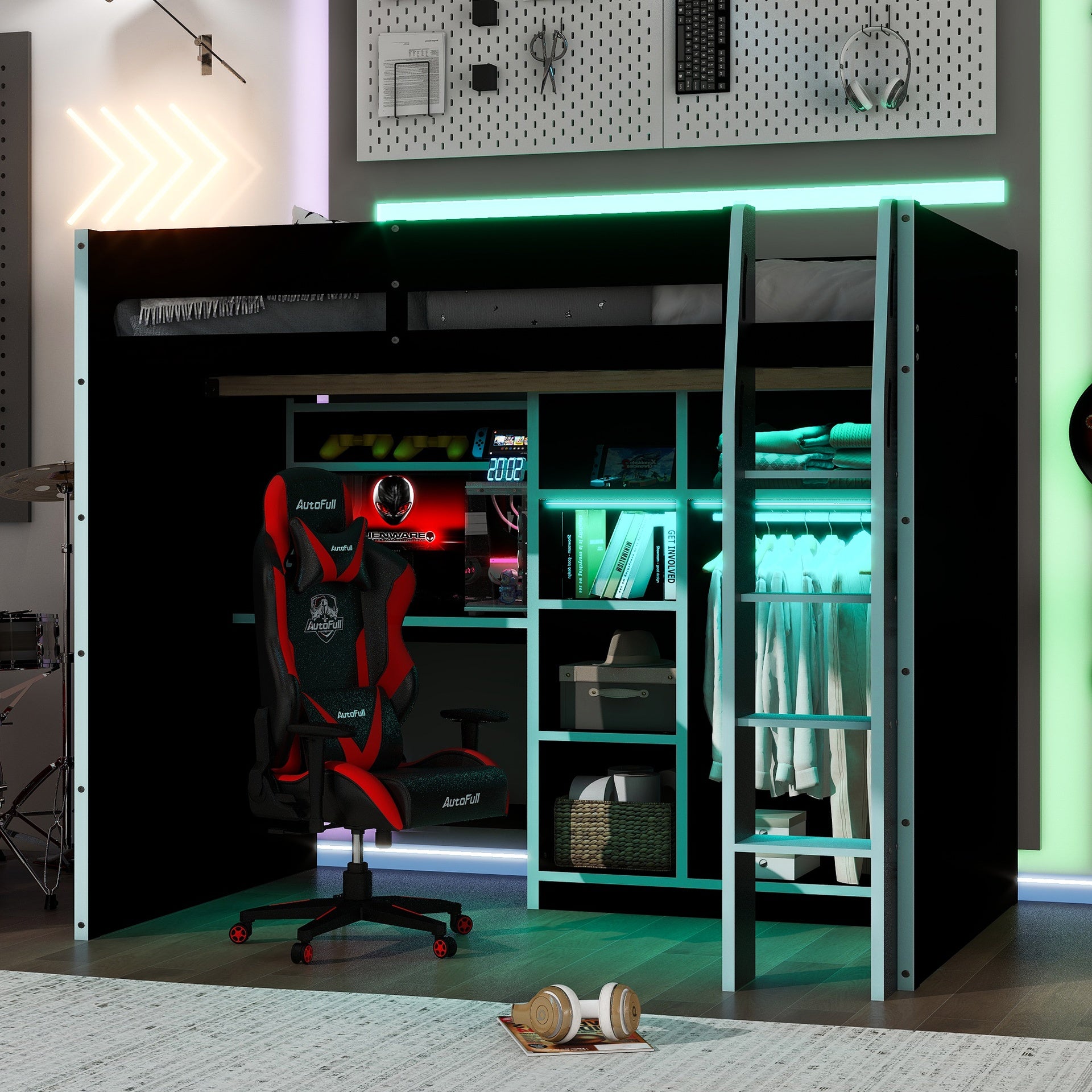 Full Size Wood Loft Bed with Desk,Open Wardrobe,Storage Compartments and RGB Lights,Cloud Blue