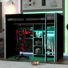 Full Size Wood Loft Bed with Desk,Open Wardrobe,Storage Compartments and RGB Lights,Cloud Blue