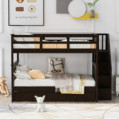 Stairway Full-Over-Full Bunk Bed with Twin size Trundle, Storage and Guard Rail for Bedroom, Dorm - Espresso
