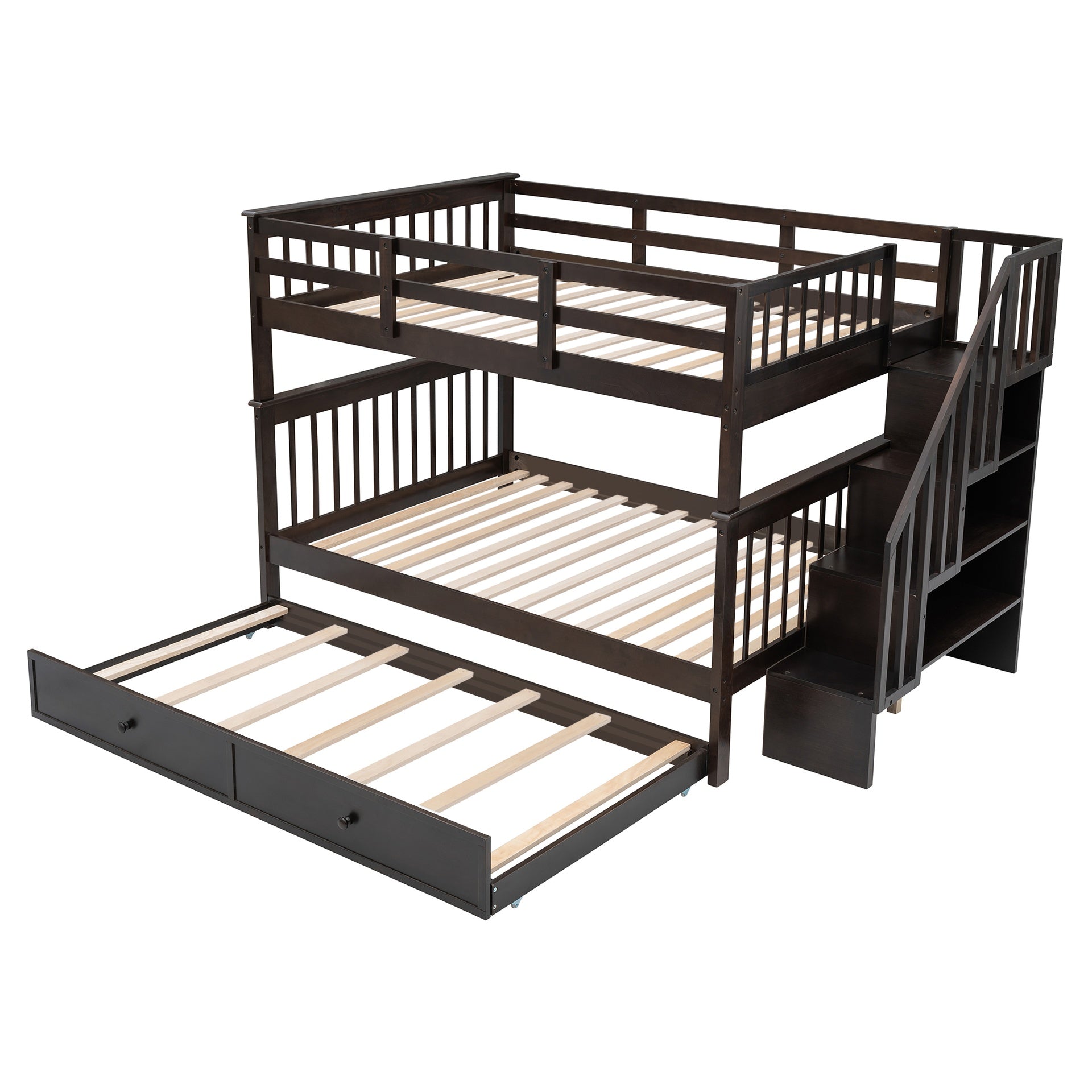 Stairway Full-Over-Full Bunk Bed with Twin size Trundle, Storage and Guard Rail for Bedroom, Dorm - Espresso