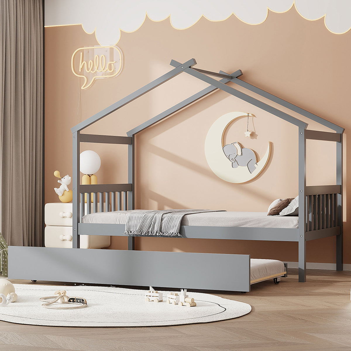 Twin Size Wooden House Bed with Twin Size Trundle, Gray