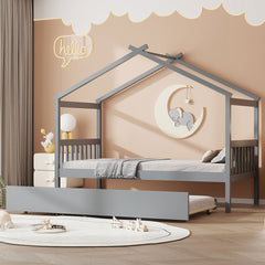 Twin Size Wooden House Bed with Twin Size Trundle, Gray