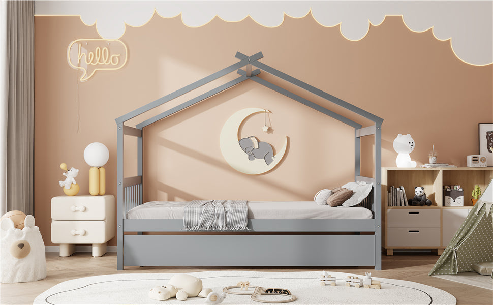 Twin Size Wooden House Bed with Twin Size Trundle, Gray