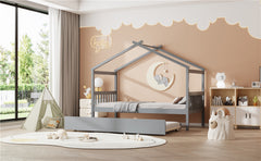 Twin Size Wooden House Bed with Twin Size Trundle, Gray