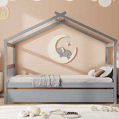 Twin Size Wooden House Bed with Twin Size Trundle, Gray