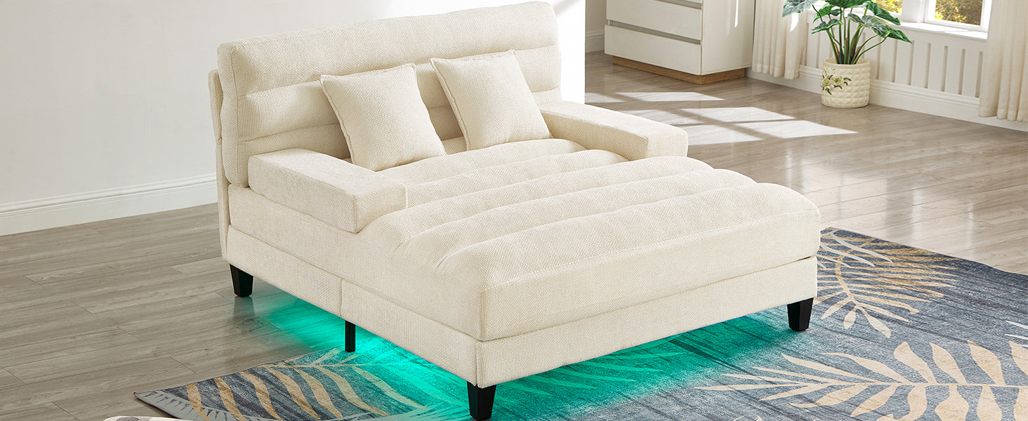 Modern Chaise Lounge Sofa 57.1" Sofa Bed Chenille Upholstered Lounge Sofa Chair with Adjustable Backrest and LED Light Strip for Living Room, Beige