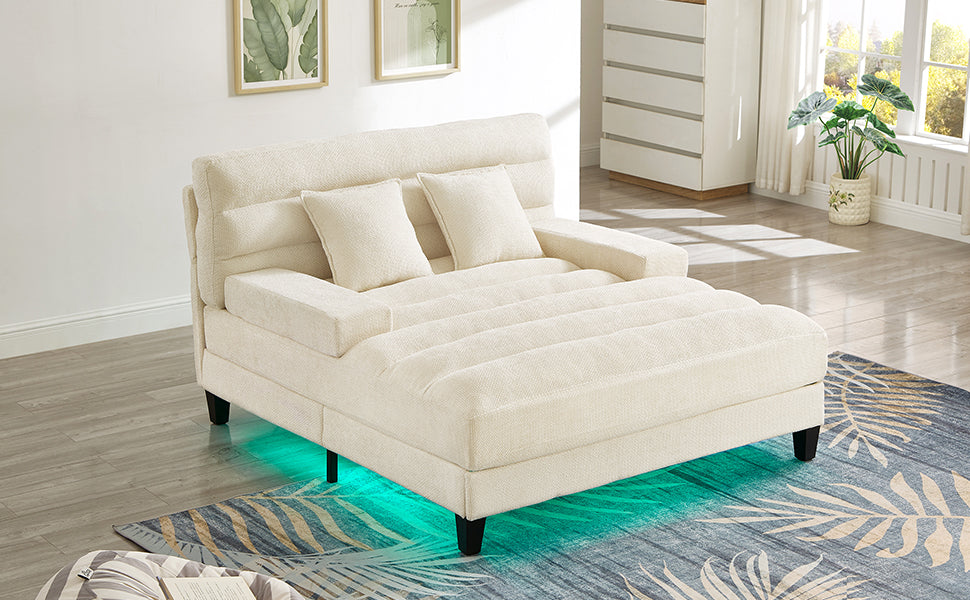 Modern Chaise Lounge Sofa 57.1" Sofa Bed Chenille Upholstered Lounge Sofa Chair with Adjustable Backrest and LED Light Strip for Living Room, Beige