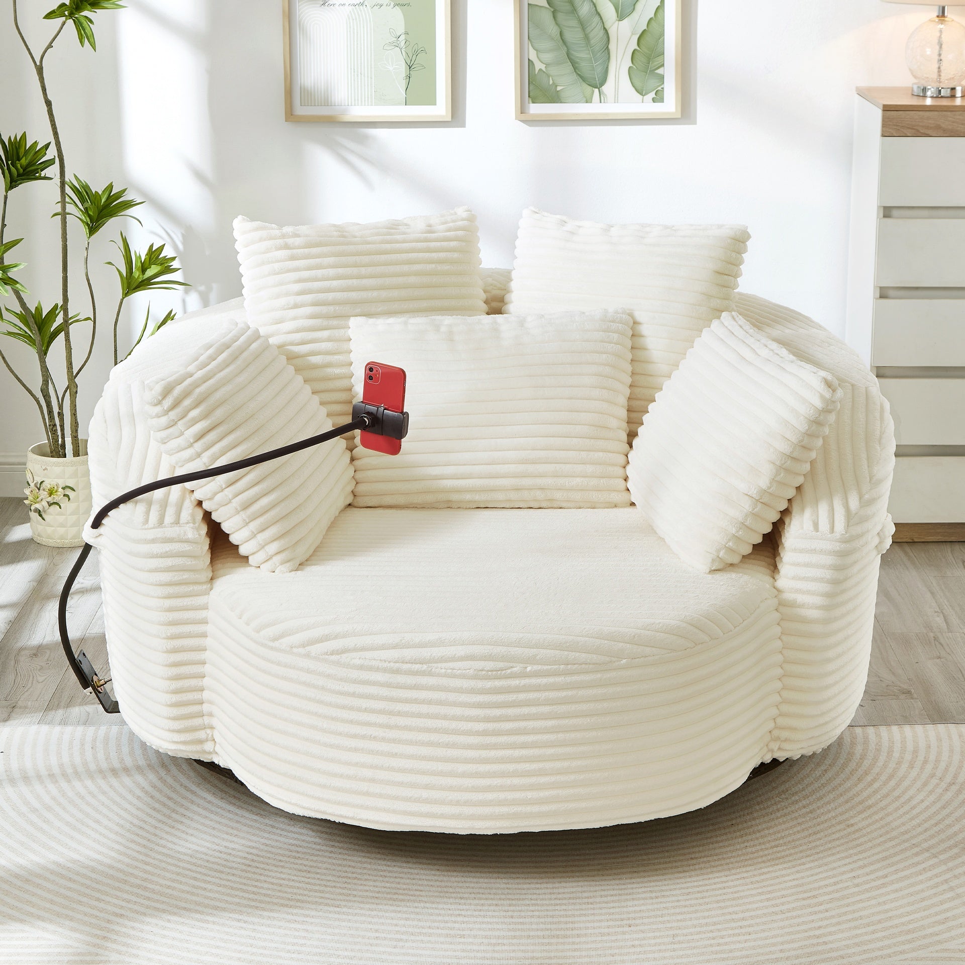 360° Swivel Chair Accent Barrel Chair Corduroy Round Sofa Chair with 5 Throw Pillows and an Adjustable Phone Holder for Living Room, Bedroom, Office and Hotel, Beige