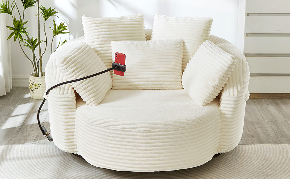 360° Swivel Chair Accent Barrel Chair Corduroy Round Sofa Chair with 5 Throw Pillows and an Adjustable Phone Holder for Living Room, Bedroom, Office and Hotel, Beige