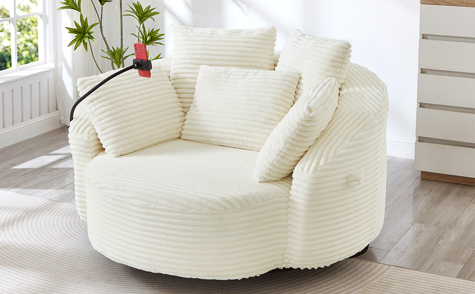 360° Swivel Chair Accent Barrel Chair Corduroy Round Sofa Chair with 5 Throw Pillows and an Adjustable Phone Holder for Living Room, Bedroom, Office and Hotel, Beige