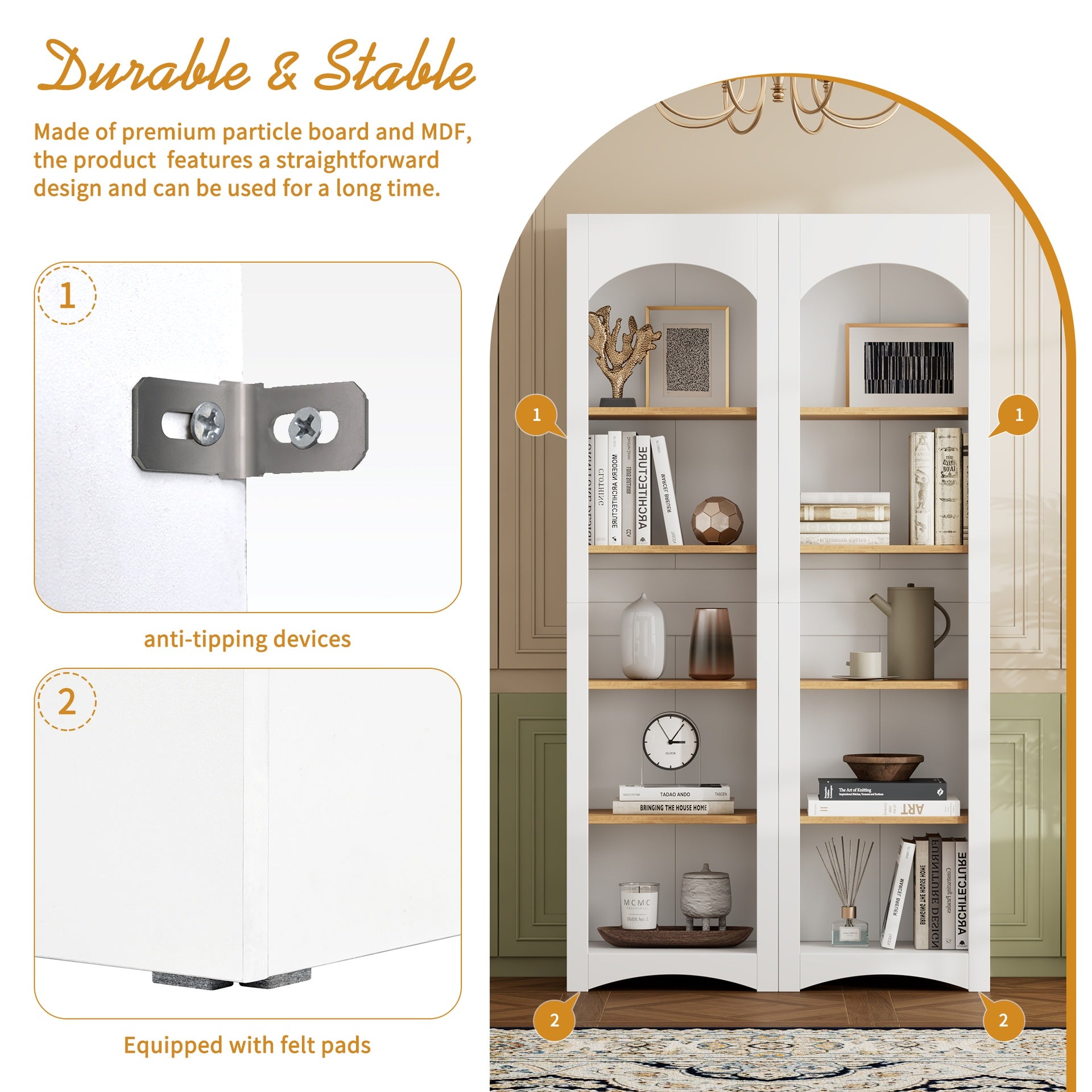 ON-TREND Free Standing 5 Tier Bookshelves, Bookcases Set of 2, Farmhouse Two-Tone Storage Cabinet with Adjustable Shelves, Modern 72"H Kitchen Pantry Cabinet for Living Room, Home Office, White