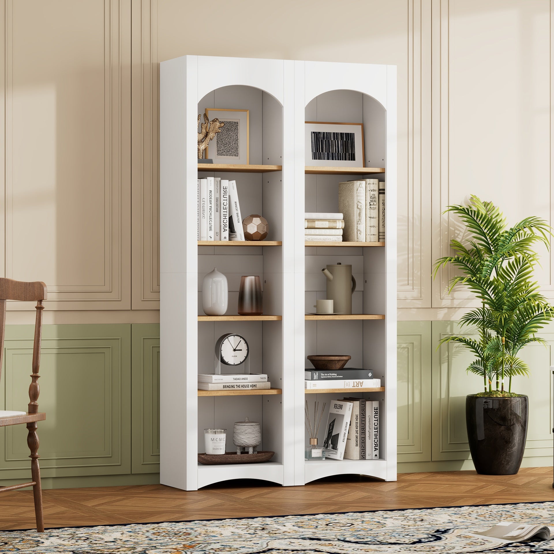 ON-TREND Free Standing 5 Tier Bookshelves, Bookcases Set of 2, Farmhouse Two-Tone Storage Cabinet with Adjustable Shelves, Modern 72"H Kitchen Pantry Cabinet for Living Room, Home Office, White