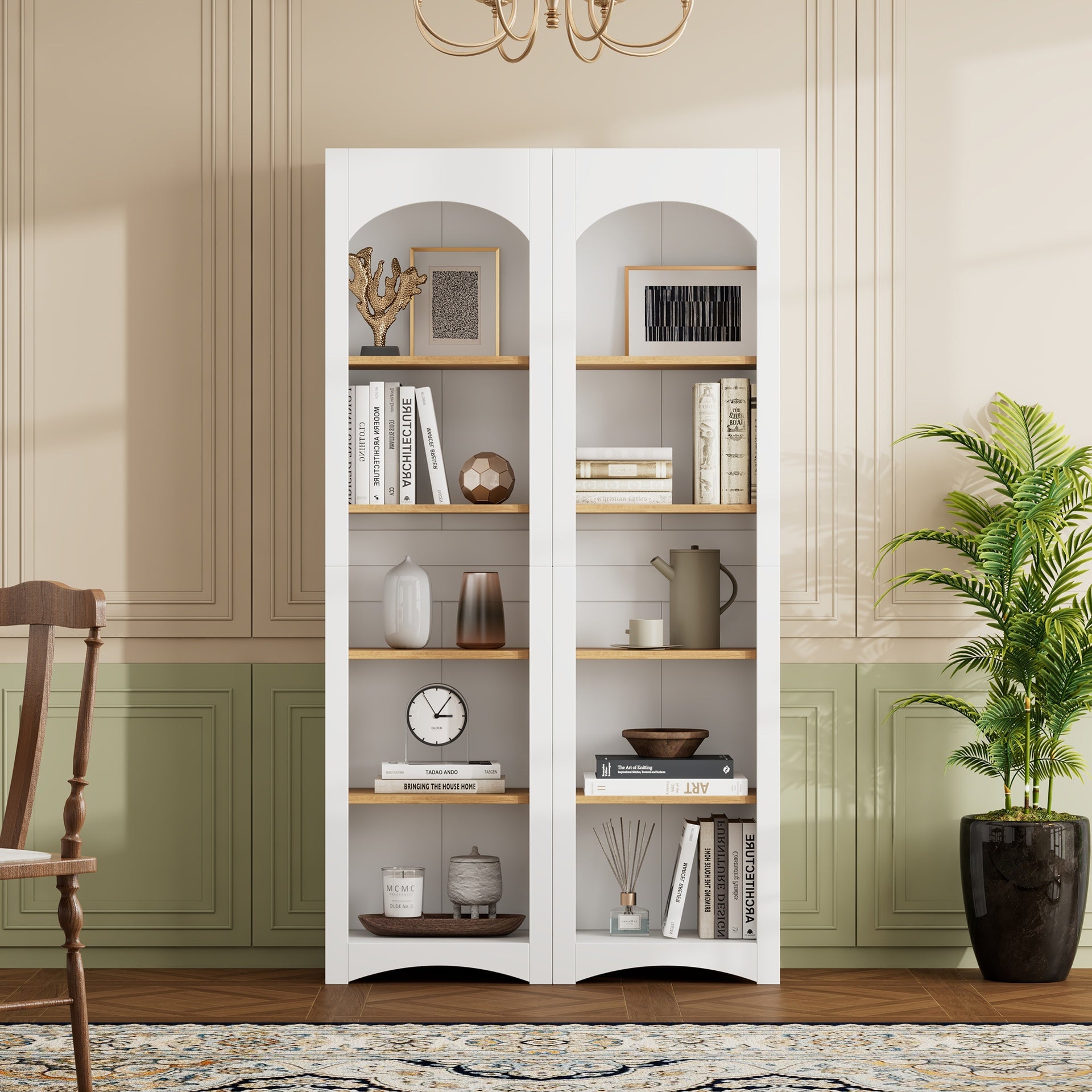 ON-TREND Free Standing 5 Tier Bookshelves, Bookcases Set of 2, Farmhouse Two-Tone Storage Cabinet with Adjustable Shelves, Modern 72"H Kitchen Pantry Cabinet for Living Room, Home Office, White
