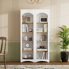 ON-TREND Free Standing 5 Tier Bookshelves, Bookcases Set of 2, Farmhouse Two-Tone Storage Cabinet with Adjustable Shelves, Modern 72"H Kitchen Pantry Cabinet for Living Room, Home Office, White