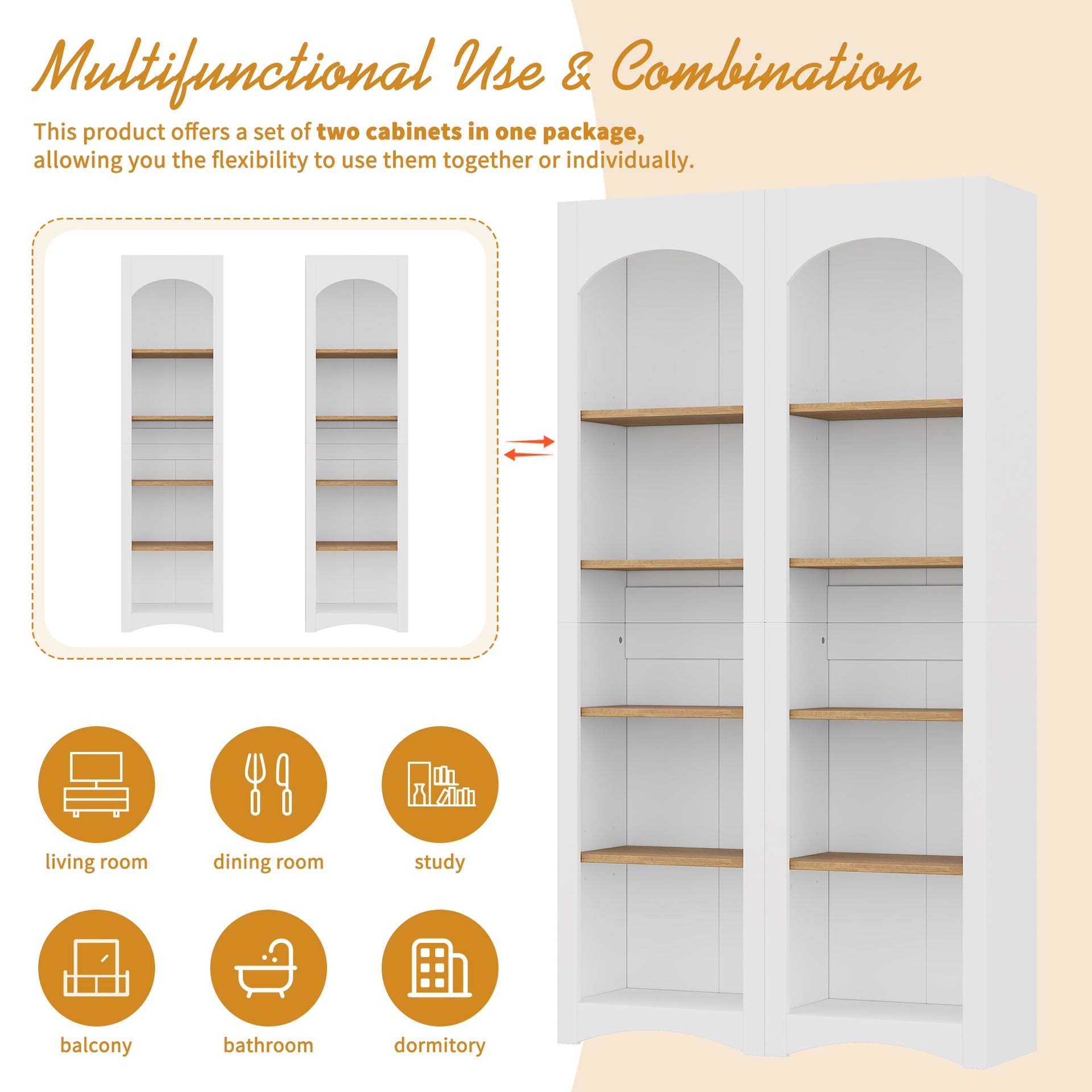 ON-TREND Free Standing 5 Tier Bookshelves, Bookcases Set of 2, Farmhouse Two-Tone Storage Cabinet with Adjustable Shelves, Modern 72"H Kitchen Pantry Cabinet for Living Room, Home Office, White
