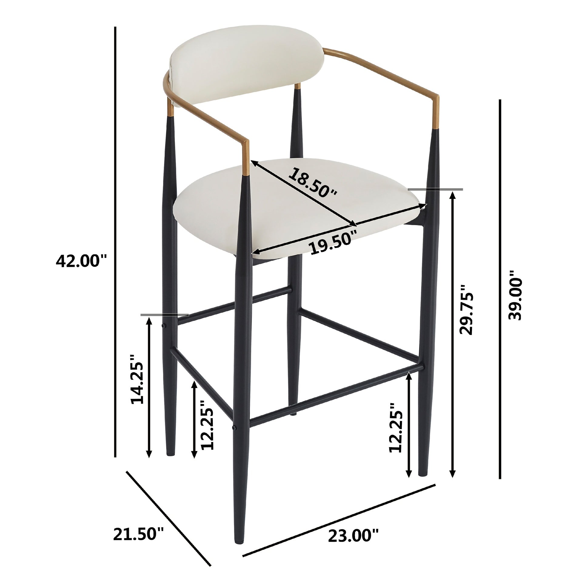 Barstools Set of 2, Upholstered Bar Stools with Back for Kitchen Island, Beige Faux PU Leather Seating Black Iron Legs 260LBS Weight Capacity