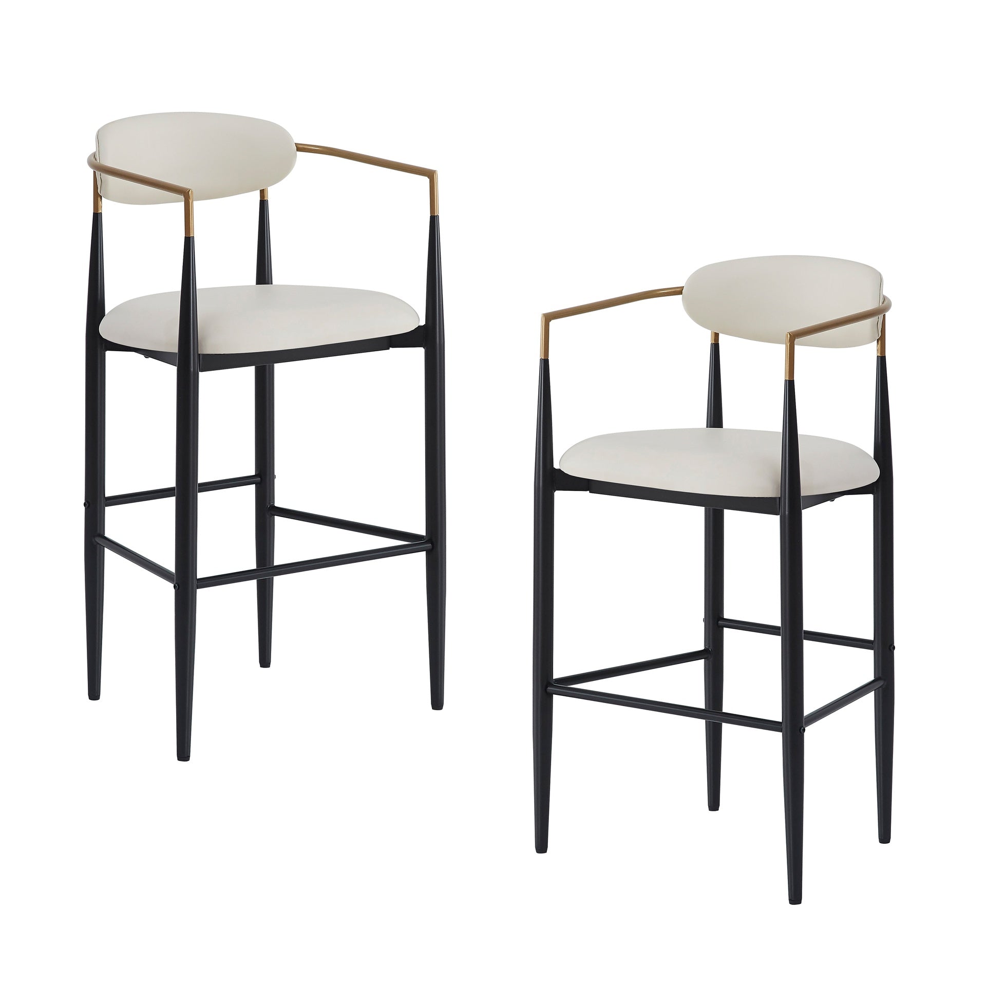 Barstools Set of 2, Upholstered Bar Stools with Back for Kitchen Island, Beige Faux PU Leather Seating Black Iron Legs 260LBS Weight Capacity