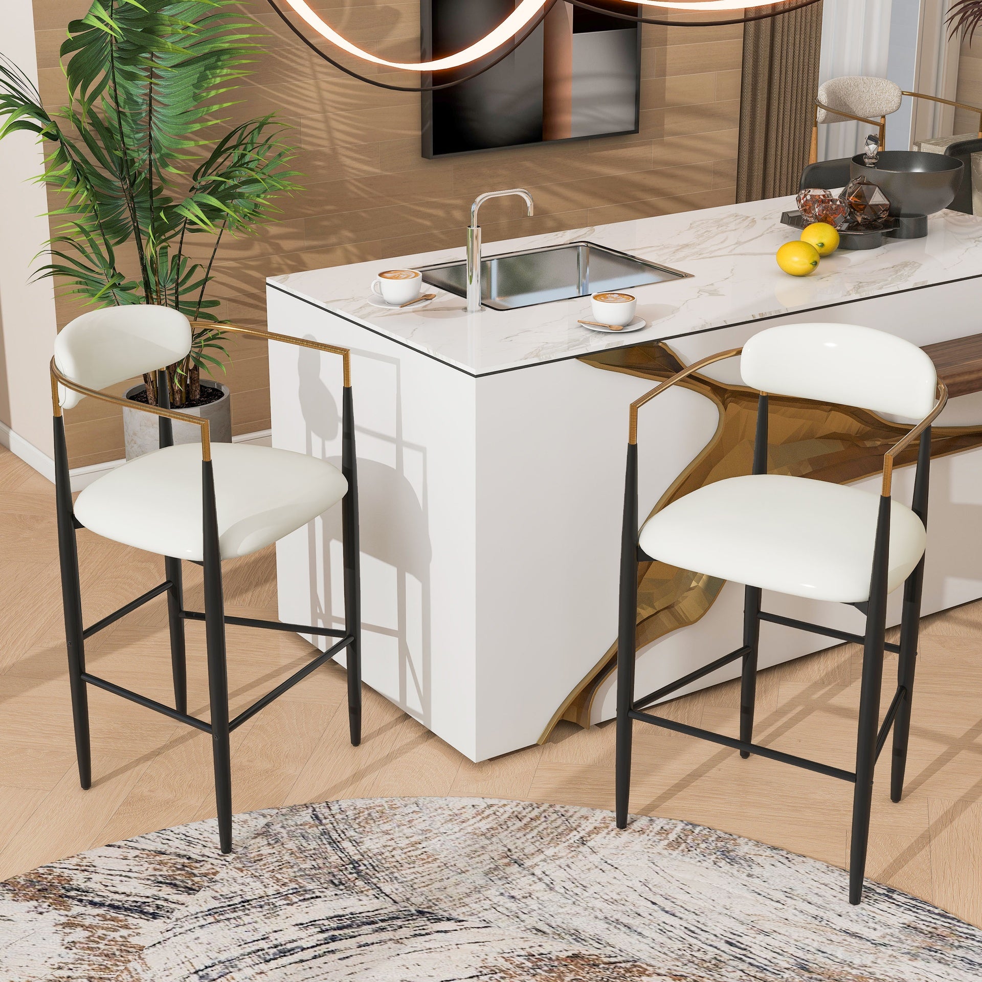 Barstools Set of 2, Upholstered Bar Stools with Back for Kitchen Island, Beige Faux PU Leather Seating Black Iron Legs 260LBS Weight Capacity