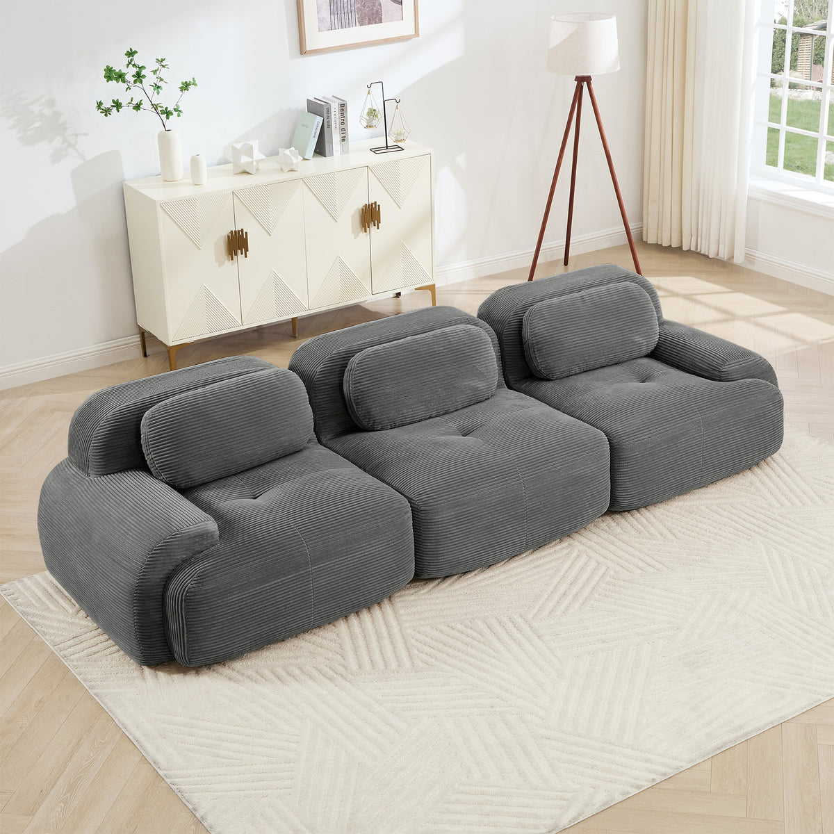 3-seat sofa premiumCorduroy Fabric fabric modular multi-combination anti-slip design no assembly curved armrests ergonomic support high-resilience sponge for living rooms bedrooms,Grey