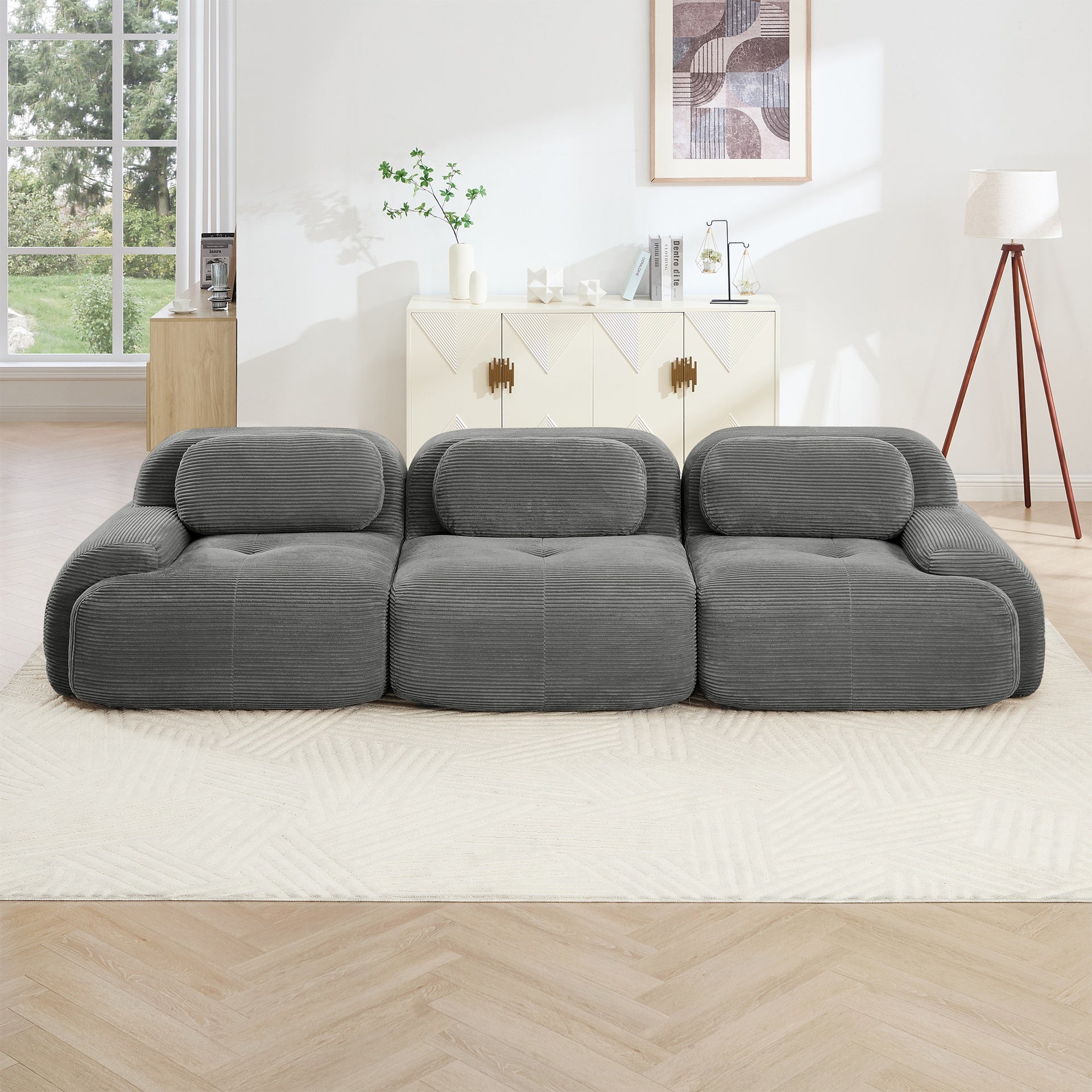 3-seat sofa premiumCorduroy Fabric fabric modular multi-combination anti-slip design no assembly curved armrests ergonomic support high-resilience sponge for living rooms bedrooms,Grey
