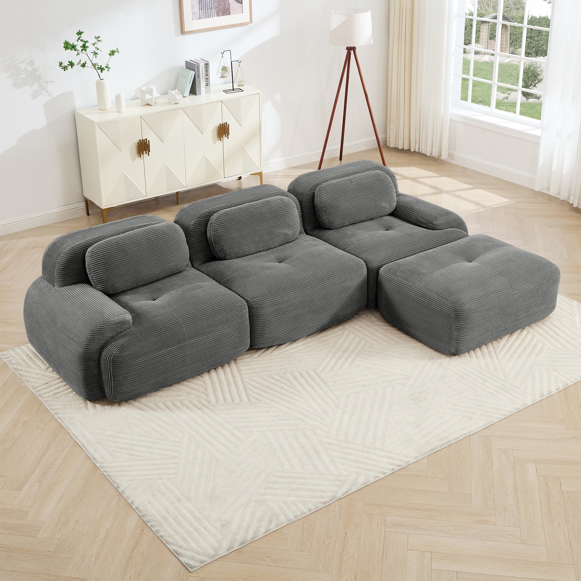 L-shaped modular sofa no assembly ergonomic design pet-friendly luxuryCorduroy Fabric fabric extra-wide curved armrests 32D high-resilience sponge for living rooms bedroom ,Grey