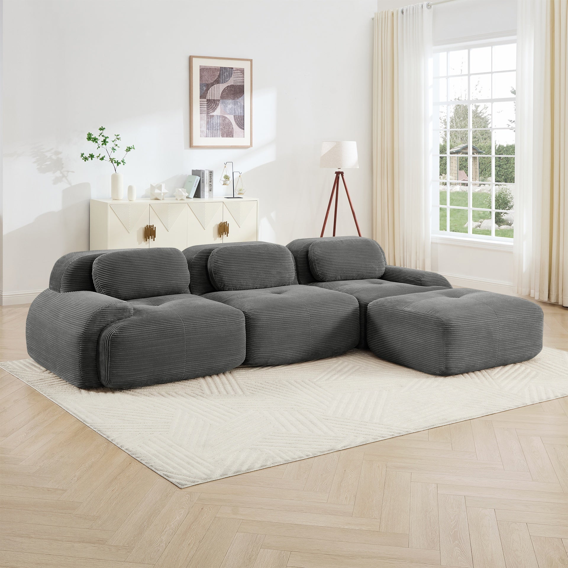 L-shaped modular sofa no assembly ergonomic design pet-friendly luxuryCorduroy Fabric fabric extra-wide curved armrests 32D high-resilience sponge for living rooms bedroom ,Grey