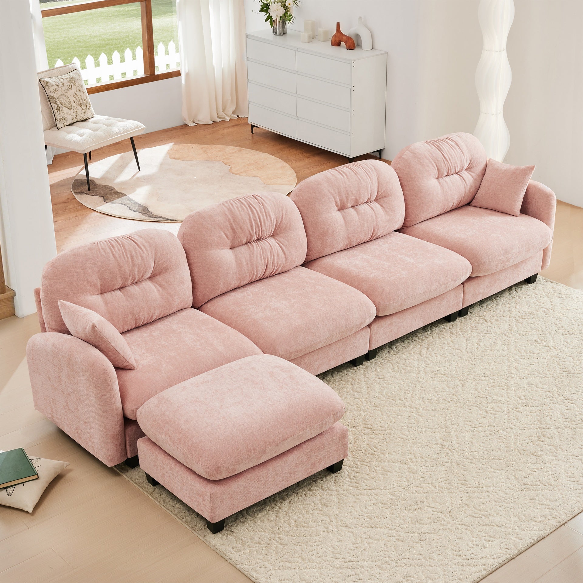 Modular Sectional L Shaped Couch With Ottoman,Soft Chenille Fabric,Ergonomic Design,Tufted Cushion Backrest Design,High Quality Wooden Base Easy Install,Fits Bedrooms Living Rooms Reading Nooks,Pink