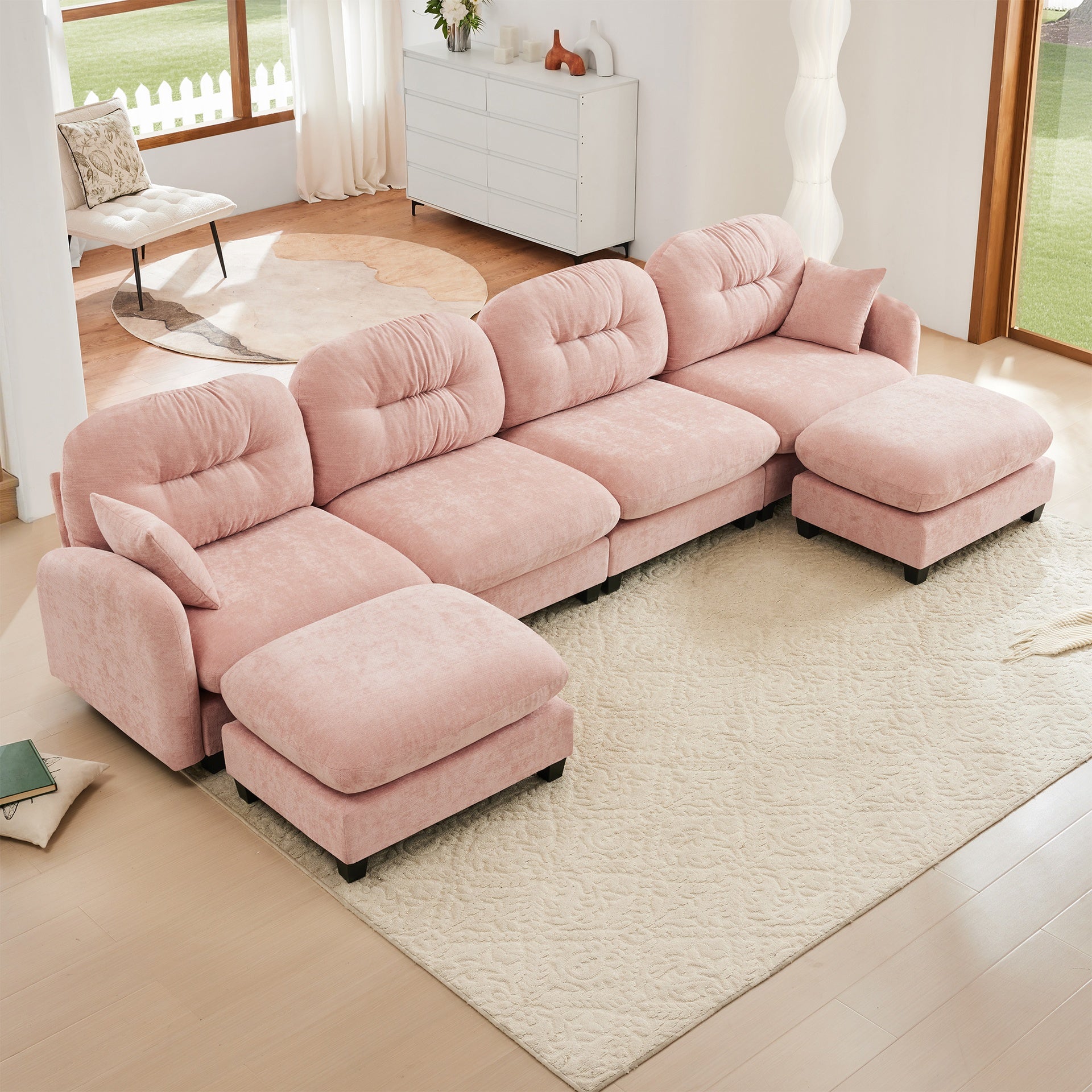 Modular Sectional U Shaped Couch With Ottoman,Soft Chenille Fabric Tufted Cushion Backrest Design,High-Density Foam Ergonomic design,Elegant Armrests,Easy Install Fits Bedrooms Living Rooms,Pink