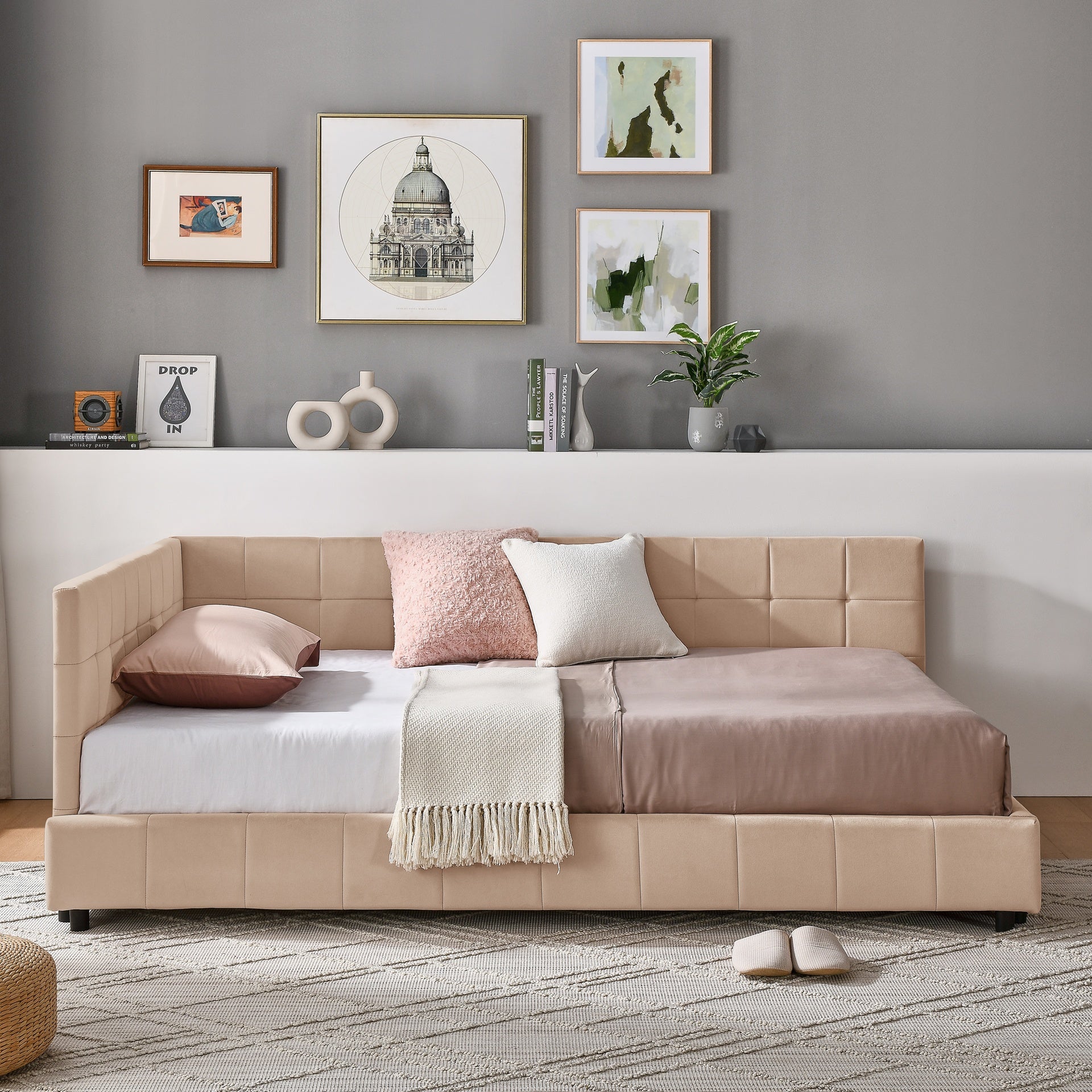 Full Size Upholstered Tufted  Bed Frame, Sofa Bed Frame with Comfortable Backrest and Armrests, Full Size Bed for Bedroom, Living Room,Velvet, PINK(80.5''*59''*30.5'')