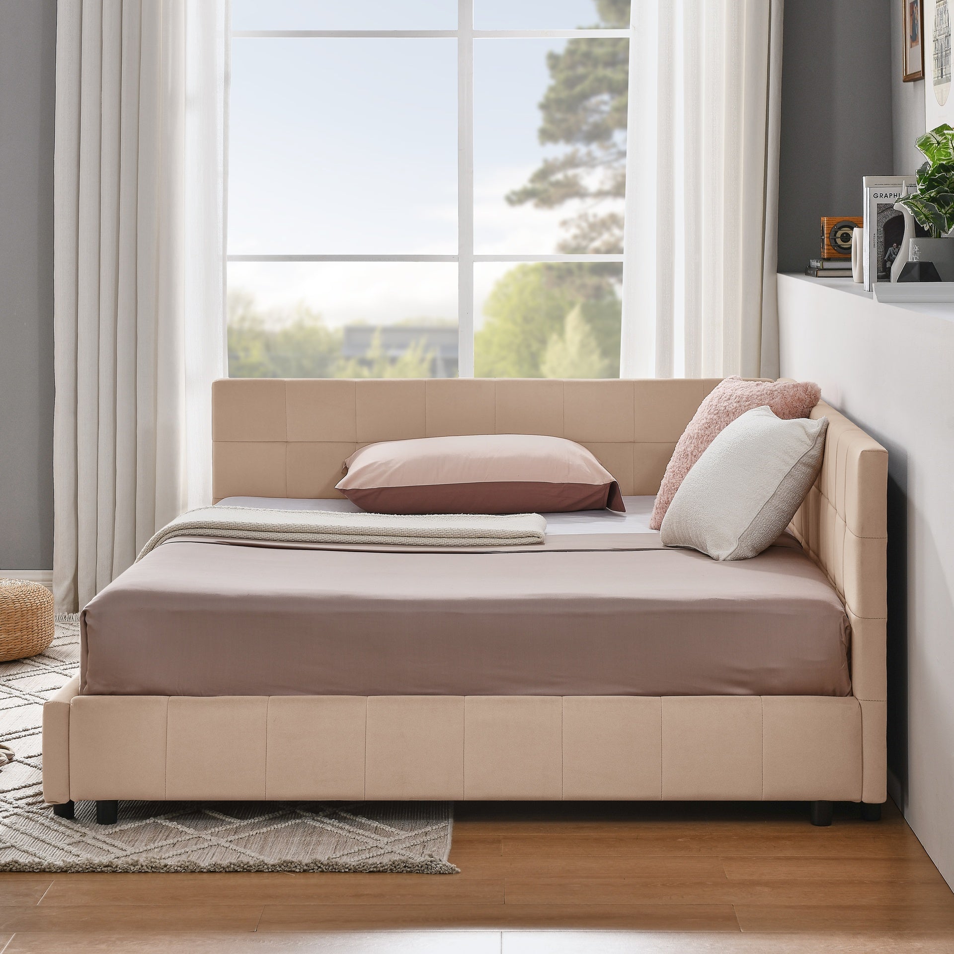 Full Size Upholstered Tufted  Bed Frame, Sofa Bed Frame with Comfortable Backrest and Armrests, Full Size Bed for Bedroom, Living Room,Velvet, PINK(80.5''*59''*30.5'')