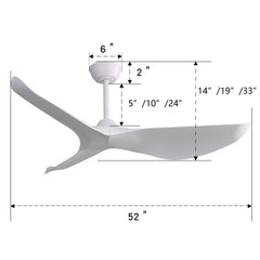 52 Inch Indoor Ceiling Fan without Light, 6 Speeds Reversible DC Motor, 3 ABS Blade Ceiling Fan White For Bedroom