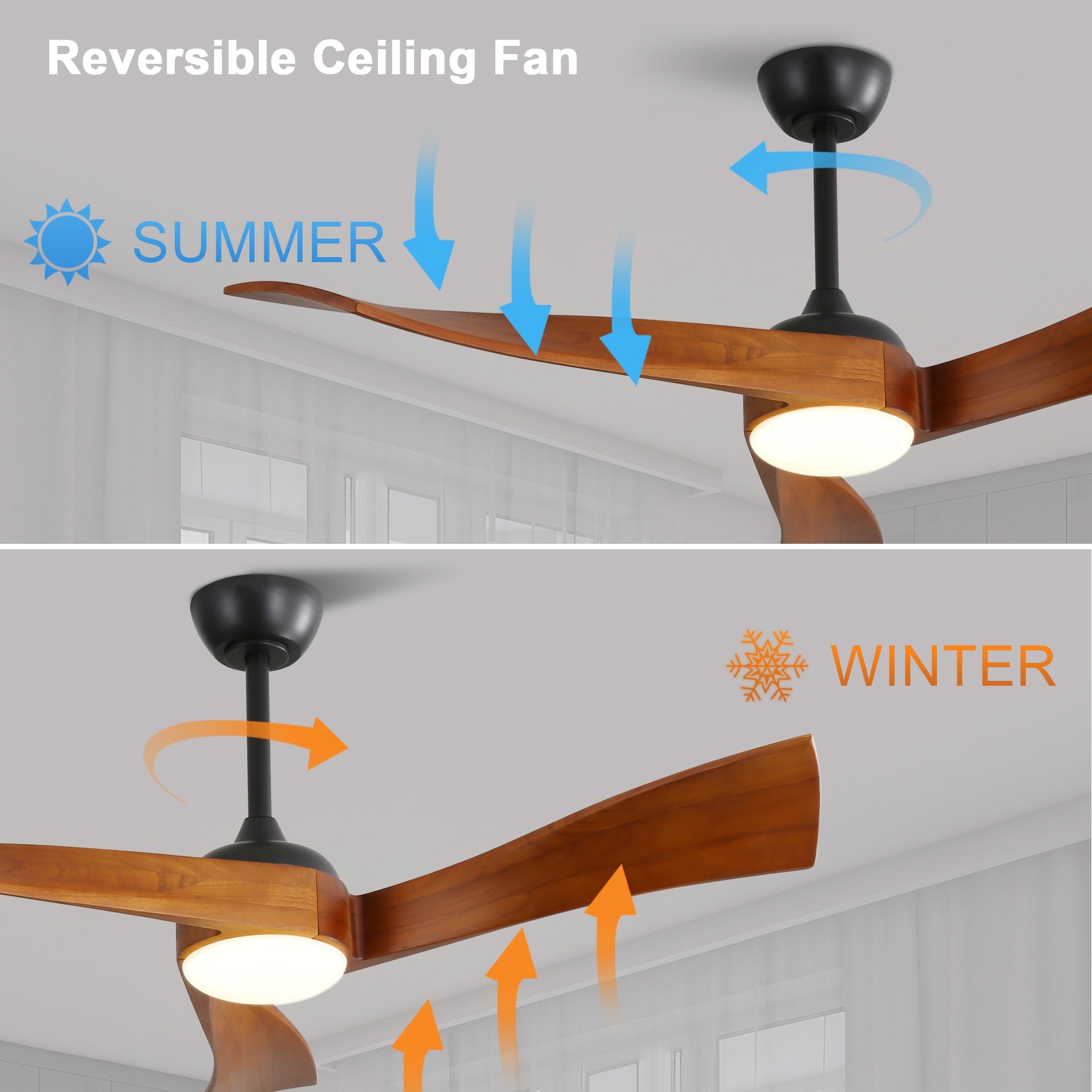 52 Inch Ceiling Fan With Dimmable 3 Color Led Light 3 Solid Wood Blades Remote Control Reversible DC Motor Matte Black For Home