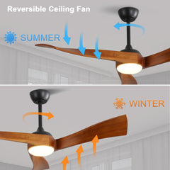 52 Inch Ceiling Fan With Dimmable 3 Color Led Light 3 Solid Wood Blades Remote Control Reversible DC Motor Matte Black For Home