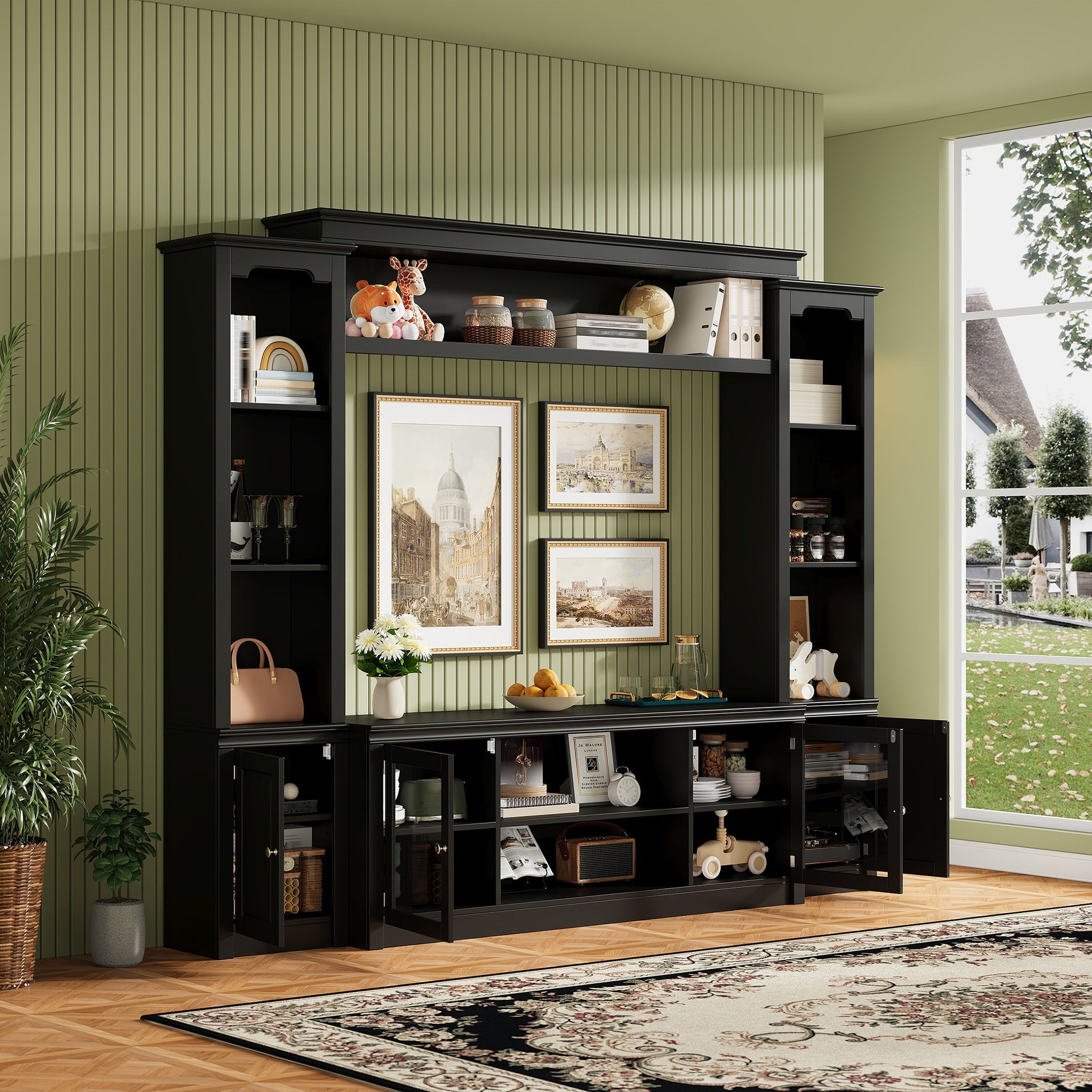 All-in-One Modern TV Stand with Bookcase for TVs Up to 65-inch, Entertainment Center with 4 Adjustable Shelves,Tempered Glass Doors, Display Storage Cabinet, Ample Storage Space TV Stand