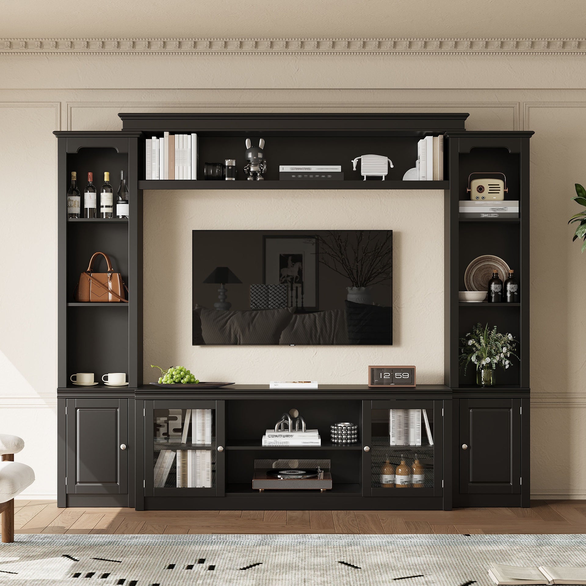 All-in-One Modern TV Stand with Bookcase for TVs Up to 65-inch, Entertainment Center with 4 Adjustable Shelves,Tempered Glass Doors, Display Storage Cabinet, Ample Storage Space TV Stand