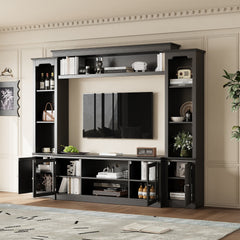All-in-One Modern TV Stand with Bookcase for TVs Up to 65-inch, Entertainment Center with 4 Adjustable Shelves,Tempered Glass Doors, Display Storage Cabinet, Ample Storage Space TV Stand