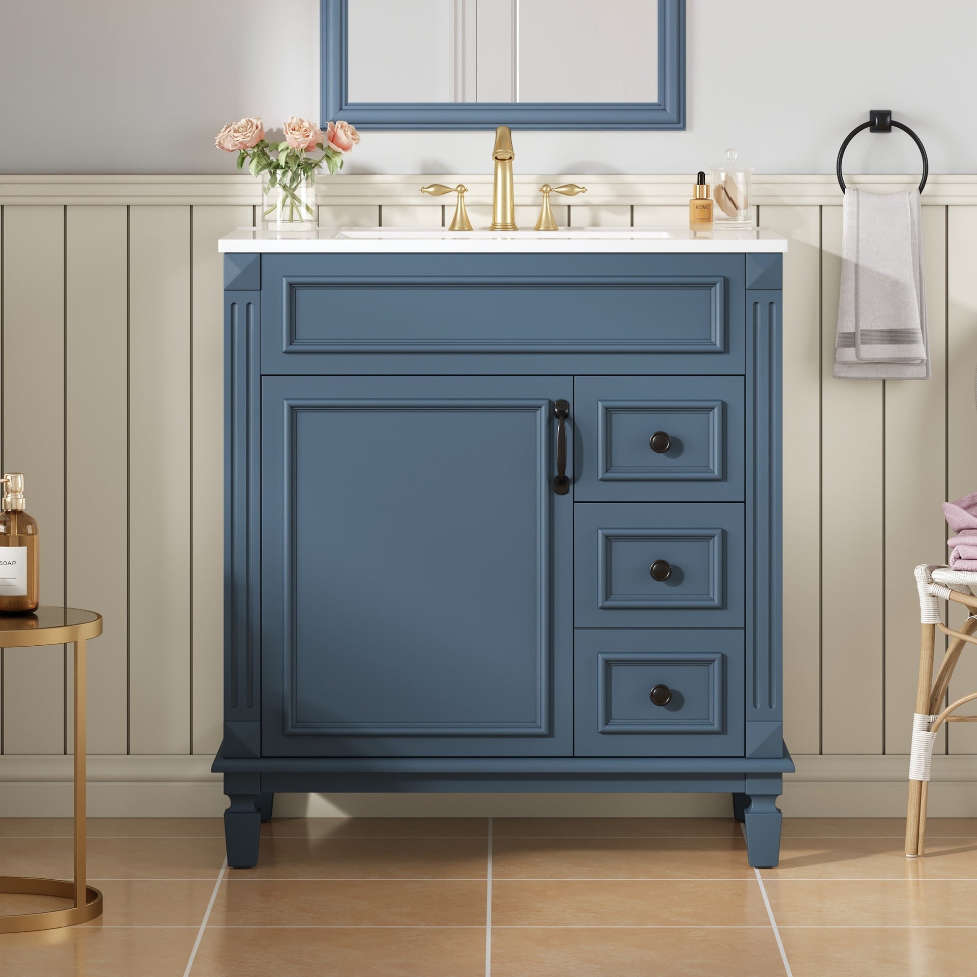 30" Bathroom Vanity with Ceramic Sink, Small Bathroom Sink Cabinet, Modern Cabinet with 2 Drawers and Adjustable Shelf