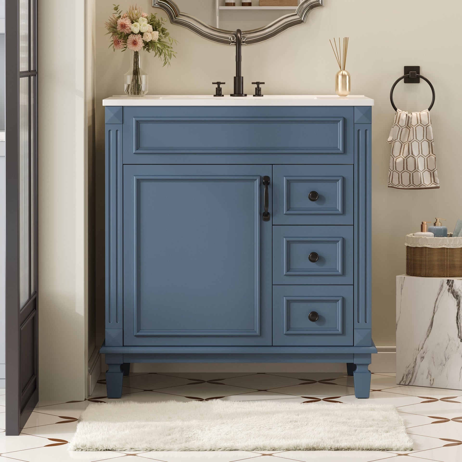 30" Bathroom Vanity with Ceramic Sink, Small Bathroom Sink Cabinet, Modern Cabinet with 2 Drawers and Adjustable Shelf