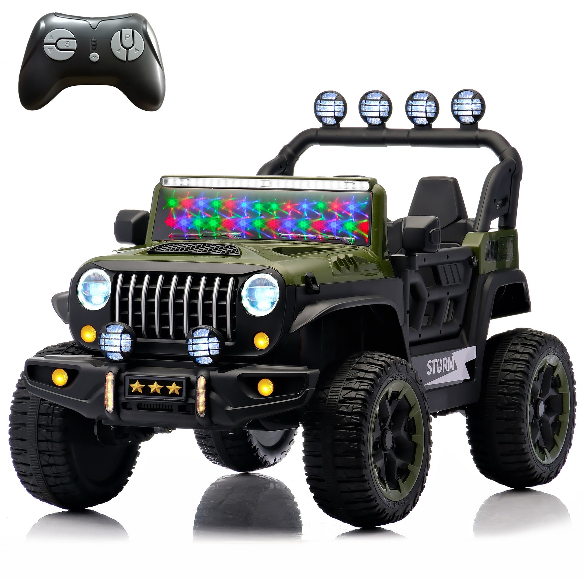 24V children's riding toy, 2-seater children's electric car with remote control, 4WD motor, colorful LED lights, adjustable speed, USB port, MP3, suitable for children aged 3-7, army green
