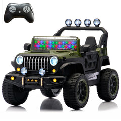 24V children's riding toy, 2-seater children's electric car with remote control, 4WD motor, colorful LED lights, adjustable speed, USB port, MP3, suitable for children aged 3-7, army green