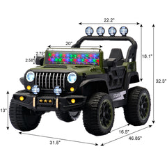 24V children's riding toy, 2-seater children's electric car with remote control, 4WD motor, colorful LED lights, adjustable speed, USB port, MP3, suitable for children aged 3-7, army green