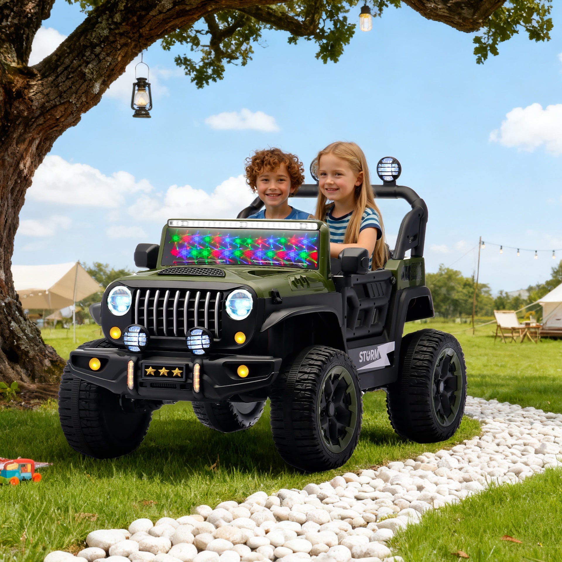 24V children's riding toy, 2-seater children's electric car with remote control, 4WD motor, colorful LED lights, adjustable speed, USB port, MP3, suitable for children aged 3-7, army green
