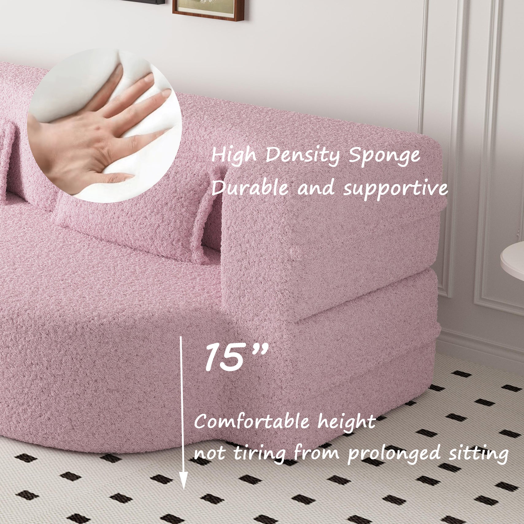 Modern Floor Sofa with 2 Pillows,Convertible Teddy Fabric Foam-Filled Sleeper Sofa Bed,15" Full Size Folding Mattress for Living Room,Guest Bed,Playroom,no assembly required,Pink(Old Sku:W1885P230384)