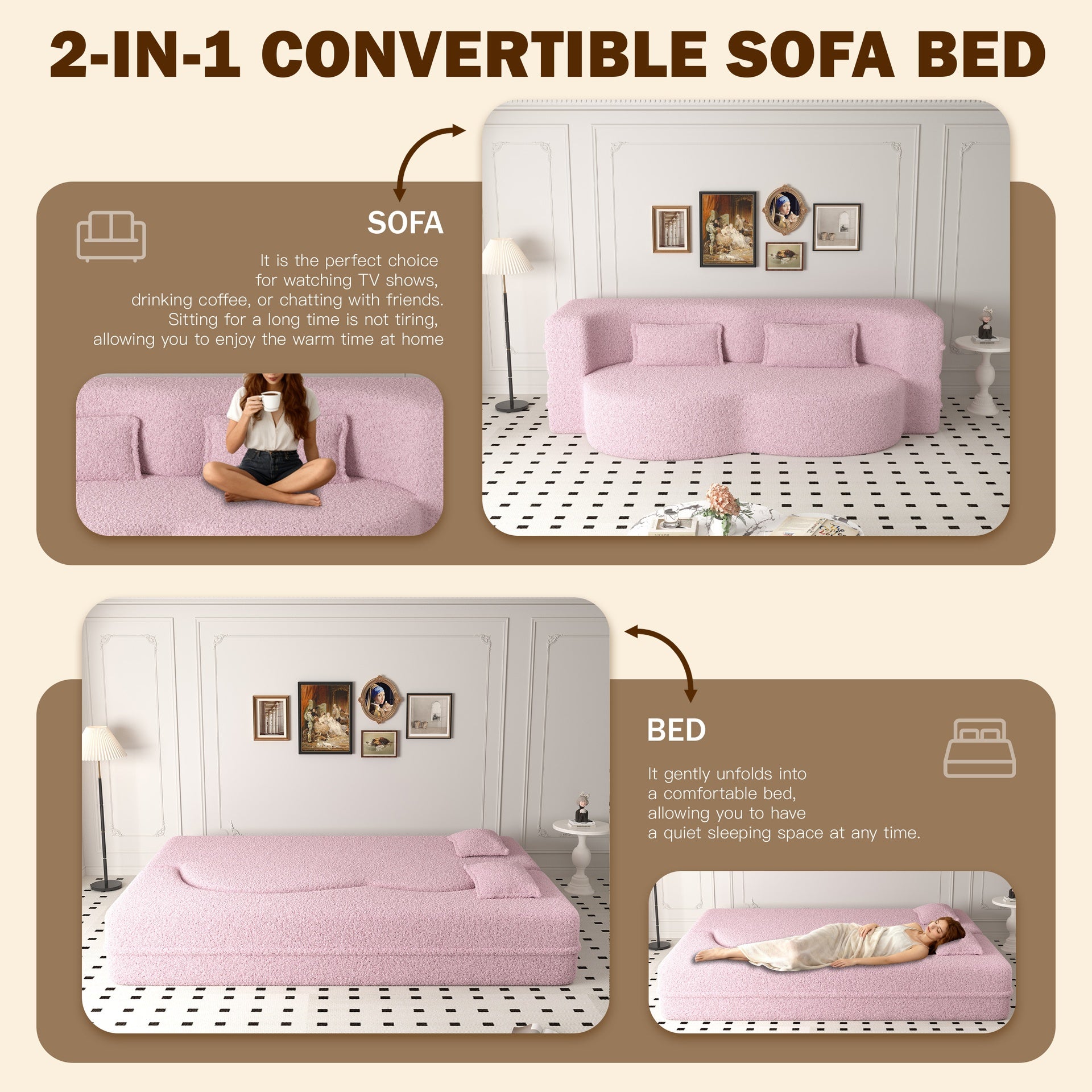 Modern Floor Sofa with 2 Pillows,Convertible Teddy Fabric Foam-Filled Sleeper Sofa Bed,15" Full Size Folding Mattress for Living Room,Guest Bed,Playroom,no assembly required,Pink(Old Sku:W1885P230384)